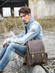 Dark Brown Cool Mens 15 inches Leather Computer Backpacks Travel Backpacks Laptop Backpack for men - imessengerbags
