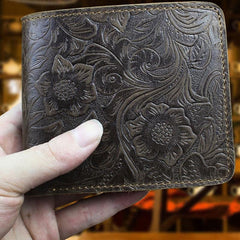 Handmade Leather Floral Mens Cool Slim Leather Wallet Men billfold Wallets Bifold for Men - imessengerbags