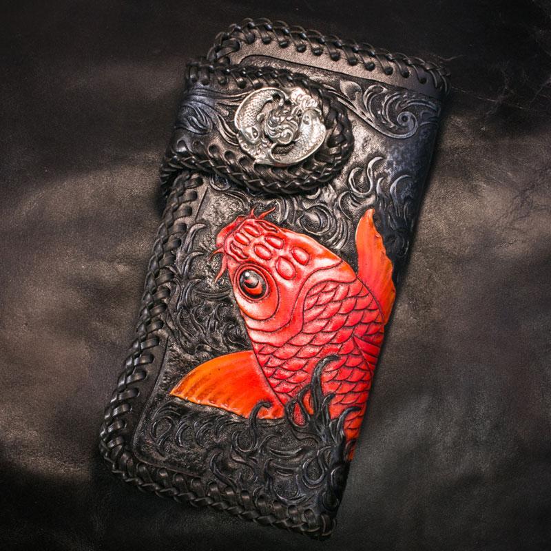 Handmade Leather Carp Mens Chain Biker Wallet Cool Leather Wallet With Chain Wallets for Men - imessengerbags