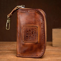 Brown Leather Mens Small Car Key Wallet Brown Key Holder Coin Purse Brown Card Holder For Men