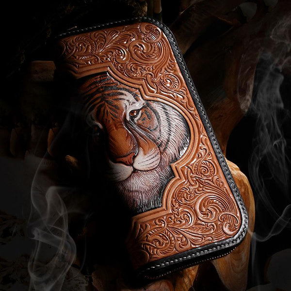Handmade Leather Mens Clutch Wallet Cool Floral Tiger Tooled Wallet Long Zipper Wallets for Men - imessengerbags