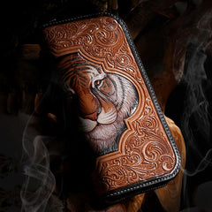 Handmade Leather Mens Clutch Wallet Cool Floral Tiger Tooled Wallet Long Zipper Wallets for Men - imessengerbags