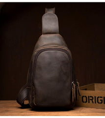 Cool Dark Brown Leather Mens Cool Sling Bag Crossbody Pack Brown Chest Bag Sling Pack for men - imessengerbags