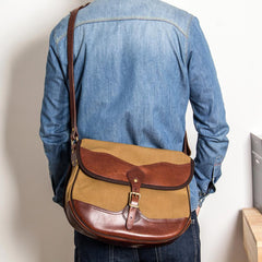 Canvas Leather Mens Casual Khaki Shoulder Bag Saddle Courier Bag Side Bag Messenger Bag for Men