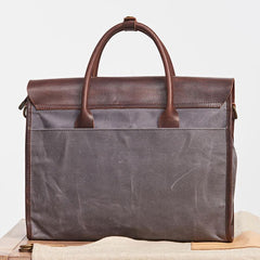 Mens Gray Canvas Leather Briefcase Handbag Work Bag Business Bag for Men