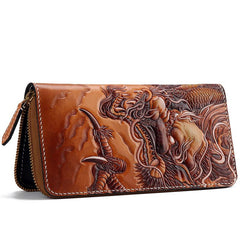 Handmade Leather Tooled Chinese Dragon Tiger Mens Chain Biker Wallet Cool Leather Wallet Zipper Long Phone Wallets for Men