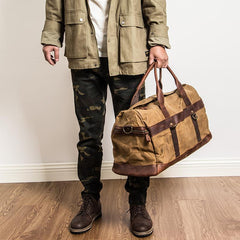 Khaki Waxed Canvas Leather Mens Waterproof Large Weekender Bag Travel Bag Luggage Bag for Men