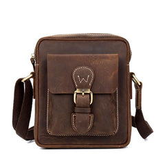 Casual Dark Brown Leather Mens Mini Vertical Messenger Bag Small Side Bags Postman Bag for Men