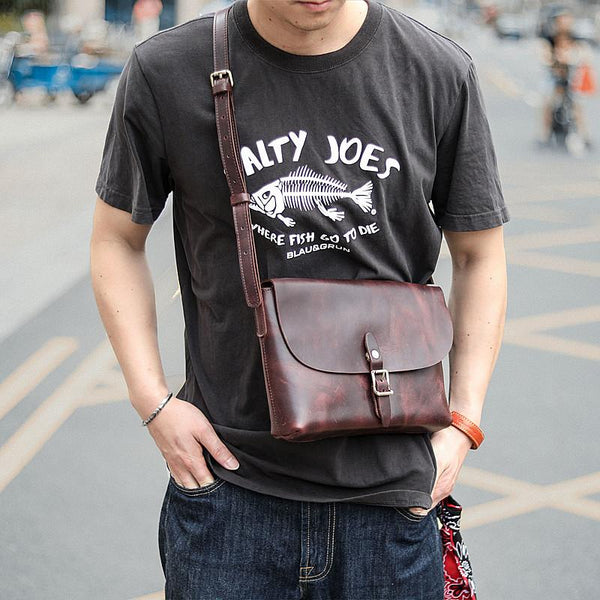 Black Leather Mens Casual Small Postman Bag Courier Bags Coffee Messenger Bag For Men - imessengerbags