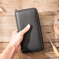 Cool Black Leather Mens Zipper Clutch Wallet Long Wallet Black Cell Phone Long Wallet for Men - imessengerbags