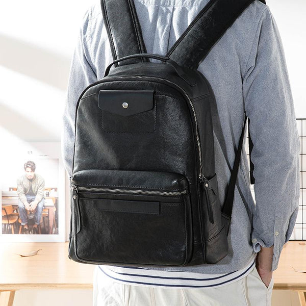 Black Fashion Mens Leather 15-inch Computer Backpacks Travel Backpacks Black College Backpack for men - imessengerbags