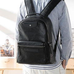 Black Fashion Mens Leather 15-inch Computer Backpacks Travel Backpacks Black College Backpack for men - imessengerbags