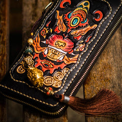 Handmade Leather Mens Tooled Monster Chain Biker Wallet Cool Leather Wallet Long Clutch Wallets for Men - imessengerbags
