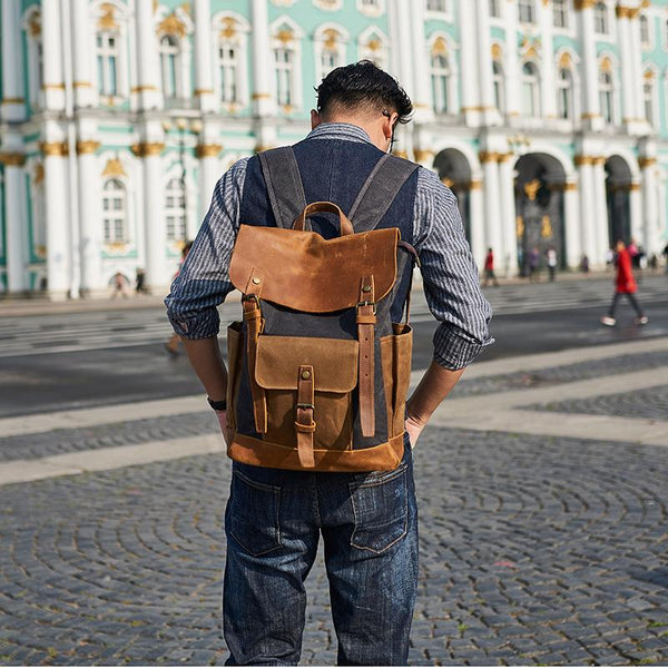 Canvas Leather Mens Backpack 15 inches Travel Backpacks Satchel Backpack Canvas School Backpack for Men - imessengerbags