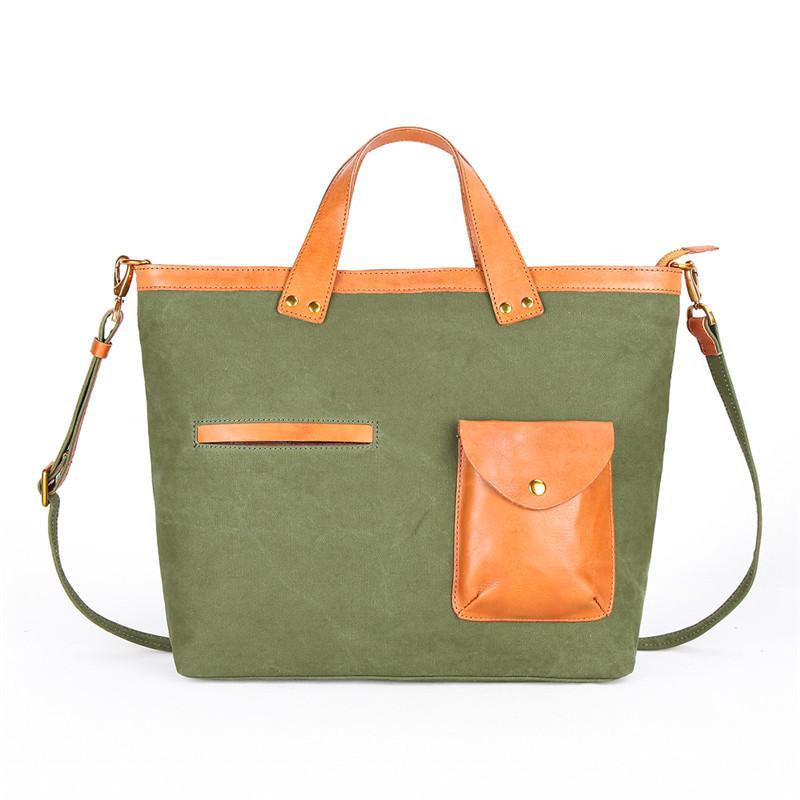 Canvas Leather Mens 14" Caramel Briefcase Bag Tote Shoulder Bag Green Tote Bag for Men - imessengerbags