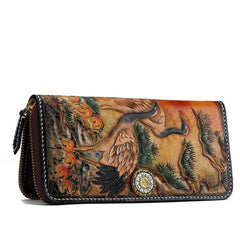 Handmade Leather Mens Clutch Wallet Cool Red-Crowned Crane Tooled Wallet Long Zipper Wallets for Men - imessengerbags