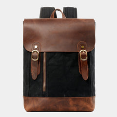 Waxed Canvas Leather Mens 14'' Waterproof Black School Backpack Green Travel Backpack for Men - imessengerbags