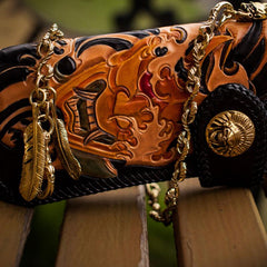 Handmade Leather Tooled Prajna Mens Chain Biker Wallet Cool Leather Wallet With Chain Wallets for Men - imessengerbags