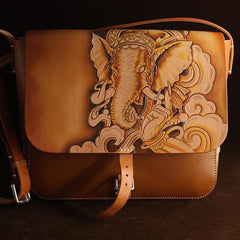 Brown Handmade Ganesha Tooled Leather Courier Bag Messenger Bag Side Bag For Men