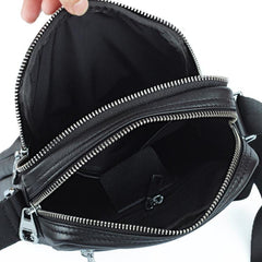 Black LEATHER MENS 8-inch Phone Small Vertical Side Bag Black COURIER BAG MESSENGER BAG FOR MEN