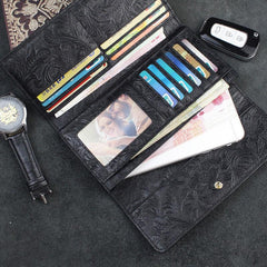 Handmade Leather Floral Mens Cool Travel Long Wallet Card Holder Card Trifold Clutch Wallets for Men - imessengerbags
