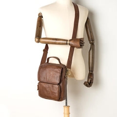 Cool Brown Leather 10 inches Vertical Small Briefcase Side Bags Messenger Bag Courier Bag for Men