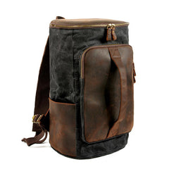 Cool Waxed Canvas Black Leather Mens 15.6‘’ Barrel Green Backpack Travel Backpack Hiking Backpack for Men - imessengerbags