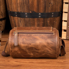 Cool Mens Brown Leather Small Barrel Messenger Bag Bucket Courier Bags for Men