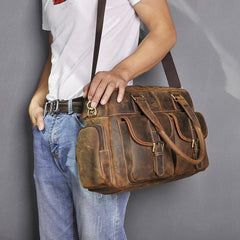 Brown Leather Travel Bag Men's 14 inches Overnight Bag Large Luggage Weekender Bag For Men