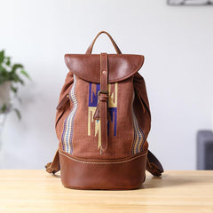 Brown Emroidered Canvas Leather Mens Women Large 14'' College Backpack Travel Backpack for Men - imessengerbags