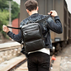 Cool Black Mens Leather 14 inches Computer Backpack College Backpacks School Backpack for men - imessengerbags
