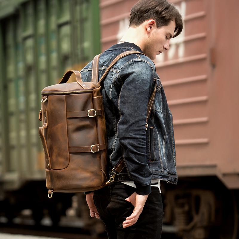 brown leather jacket man with backpack Cool Brown Mens Leather 14 inches Barrel Weekender Bag Bucket Travel  Backpack for Men