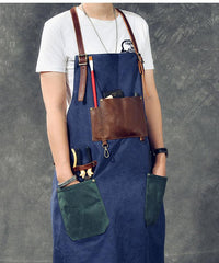 Canvas Leather Mens Womens Blue Craftsman Apron Cafe Staff Apron Work Apron for Men - imessengerbags
