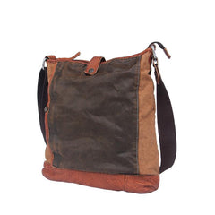 Canvas Leather Mens Distressed Brown Vertical Side Bag Messenger Bag Canvas Courier Bag for Men