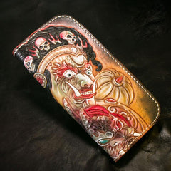 Handmade Leather Tooled Mahākāla Mens Chain Biker Wallet Cool Leather Wallet Long Clutch Wallets for Men - imessengerbags