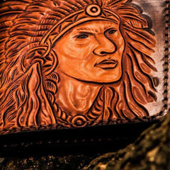 Handmade Leather Indian Chief Tooled Mens billfold Wallet Cool Leather Wallet Slim Wallet for Men - imessengerbags