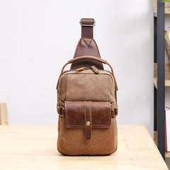 Canvas Leather Mens Khaki Chest Bag One Shoulder Backpack Green Sling Bag for Men - imessengerbags