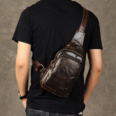 Genuine Leather Mens Cool Chest Bag Sling Bag Crossbody Bag Travel Bag Hiking Bag for men