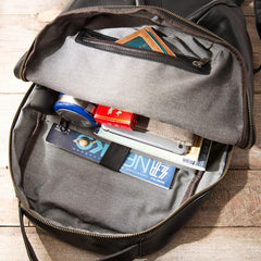 Black Soft Mens Leather 15 inches College Backpack Travel Backpacks Computer Backpack for men