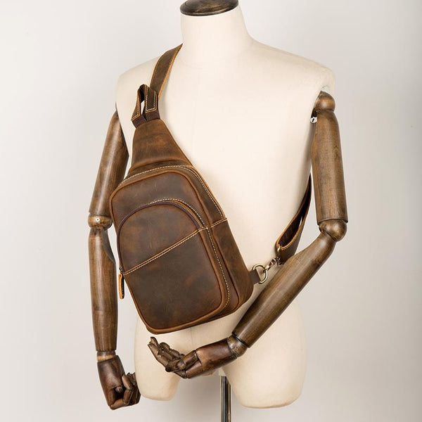 Cool Dark Brown Leather Mens Crossbody Pack Sling Bags Brown One Shoulder Pack Chest Bag for men - imessengerbags