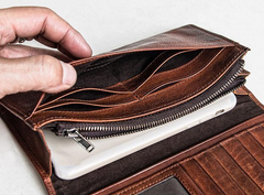 Handmade Leather Mens Cool Long Leather Wallet Bifold Clutch Wallet for Men
