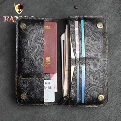 Handmade Leather Floral Mens Cool Travel Long Wallet Card Holder Card Slim Clutch Wallets for Men - imessengerbags