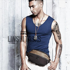 Casual Black Canvas Leather Fanny Pack Men's Chest Bag Hip Bag Waist Bags For Men - imessengerbags