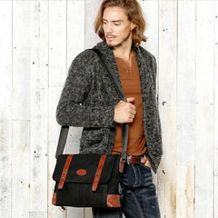 Casual Canvas Leather Mens Khaki Side Bag Messenger Bag Black Canvas Courier Bag for Men