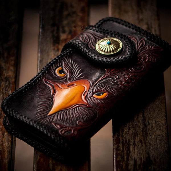 Handmade Leather Eagle Tooled Mens Chain Biker Wallet Cool Leather Wallet With Chain Wallets for Men - imessengerbags