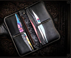 Handmade Leather Tooled Carp Mens Chain Biker Wallet Cool Leather Wallet Long Phone Wallets for Men