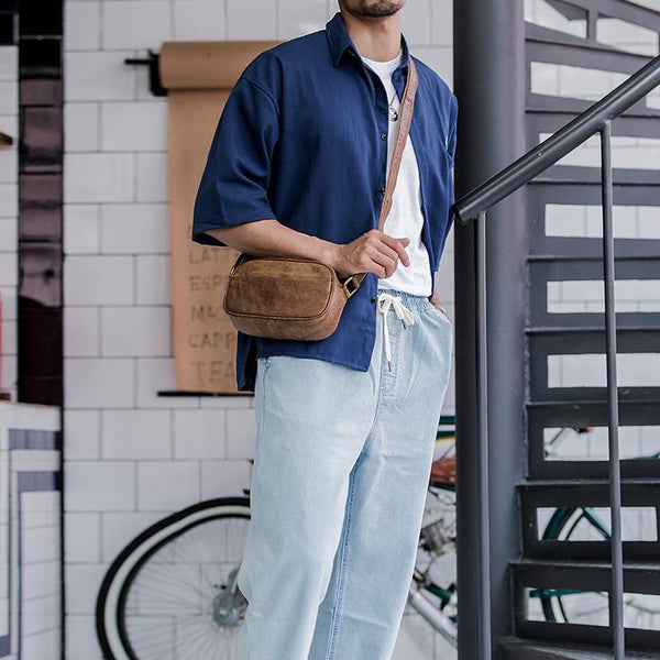 Camel Leather Mens Mini Phone Bag Courier Bag Small Messenger Bags Postman Bag for Men - imessengerbags