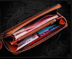Handmade Leather Mens Cool Long Leather Wallet Zipper Clutch Wallet for Men