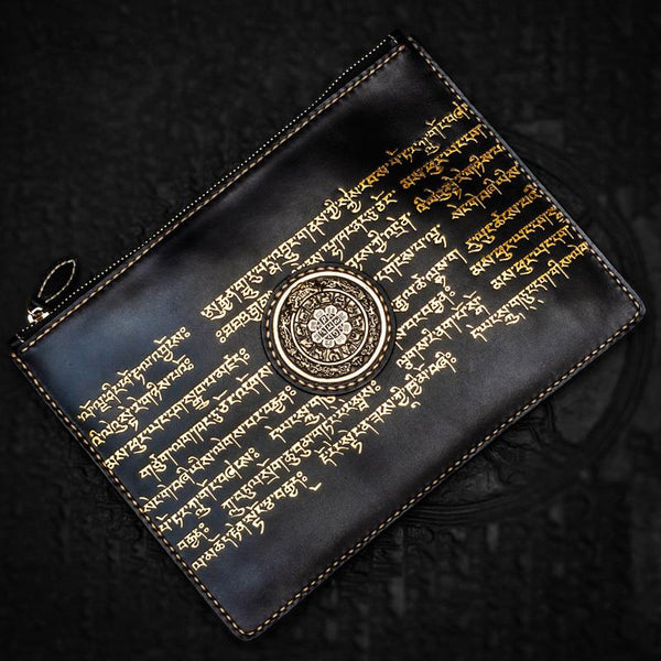 Handmade Leather Tibet Scriptures Tooled Wristlet Bag iPad Bag Mens Cool Leather Wallet Long Clutch for Men - imessengerbags