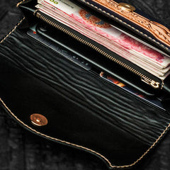 Handmade Leather Men Tooled Blue Floral Cool Leather Wallet Long Phone Clutch Wallets for Men - imessengerbags